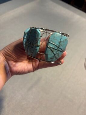 Turquoise Two Tone Wide Silver Wire Wrapped Cuff Boho Bracelet NWOT Festival